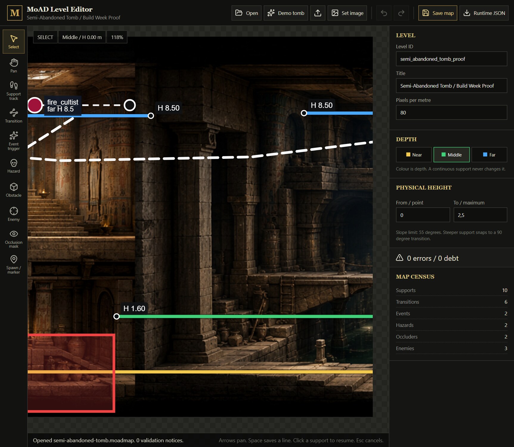MoAD level editor with the semi-abandoned tomb map: coloured support tracks, a bound transition, an enemy patrol, and a hazard zone painted over the art